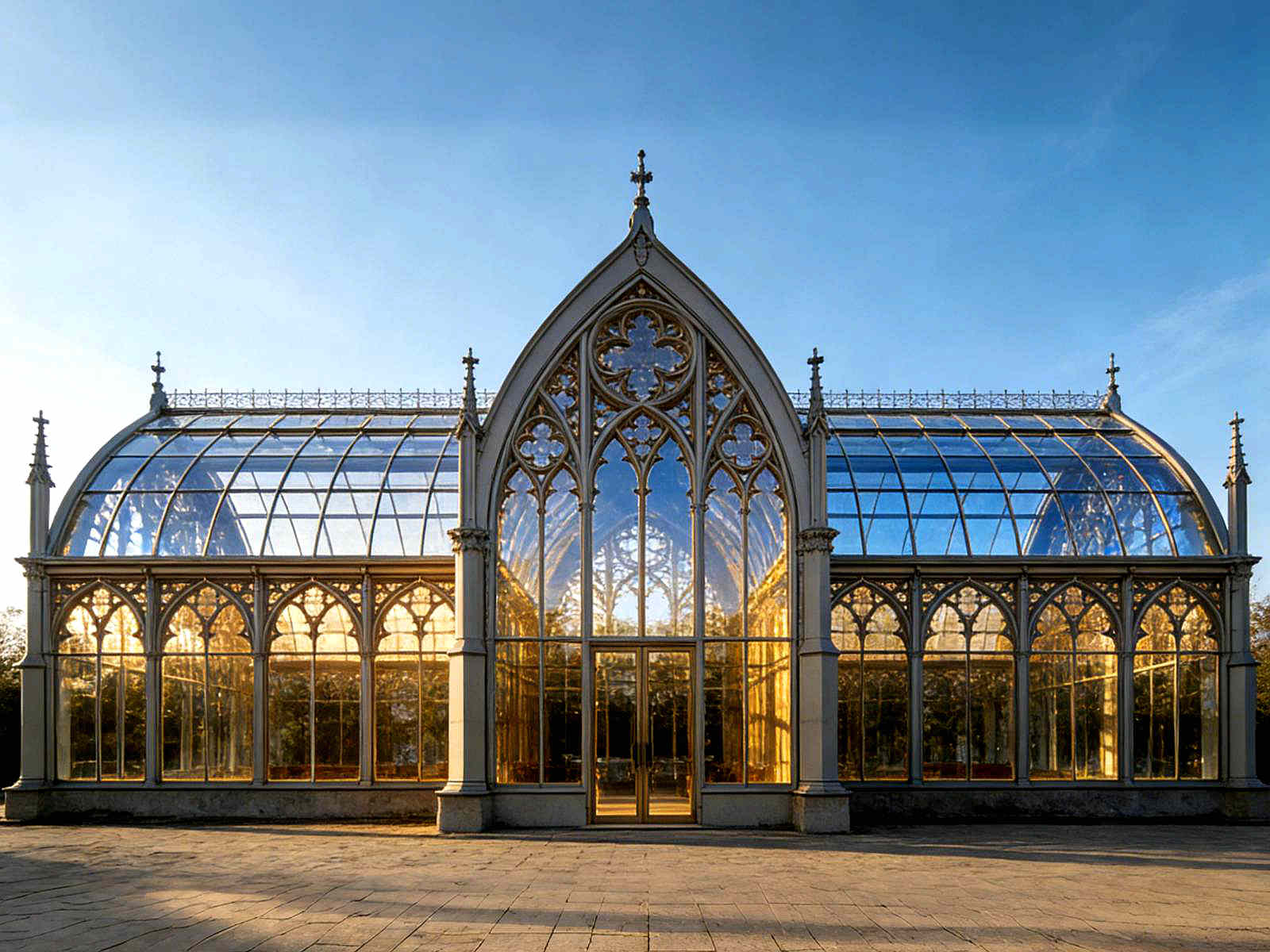 Gothic revival cast iron glass conservatory pointed arch facade large victorian greenhouse garden building
